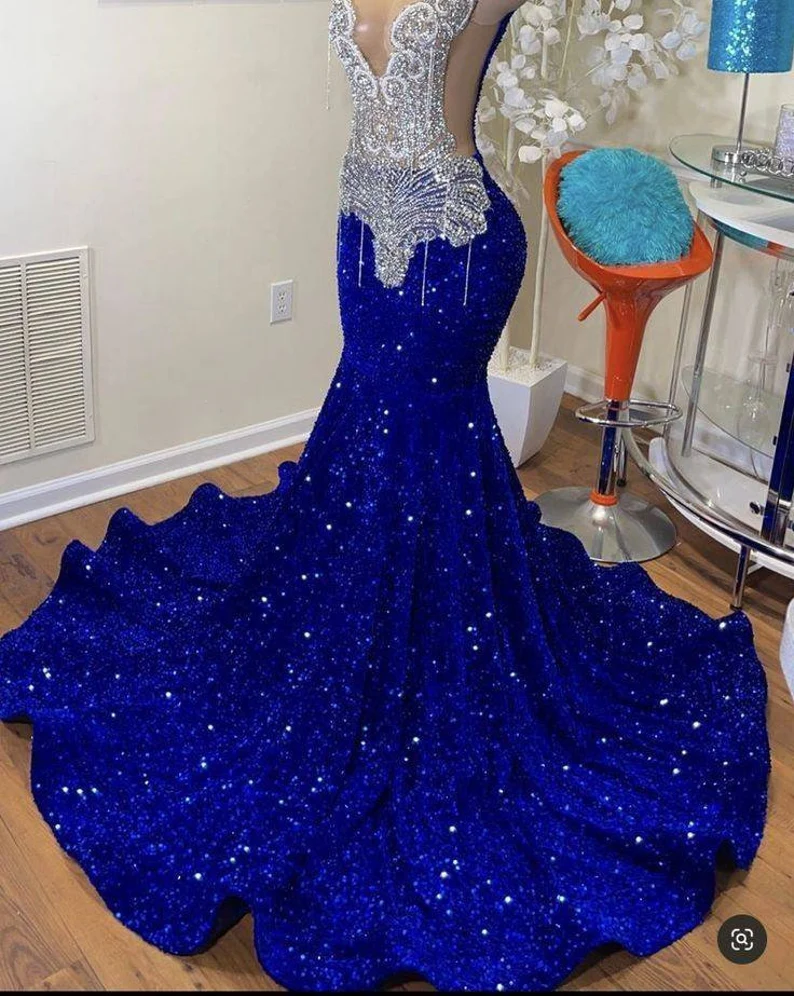 Pailletten königsblau Langes Ballkleid Perlen Hochzeitskleid Empfangskleid Erneuerungskleid nv126