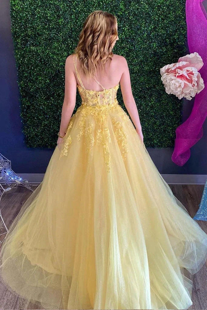 Robe de soirée en dentelle jaune à une épaule et ligne A nv191