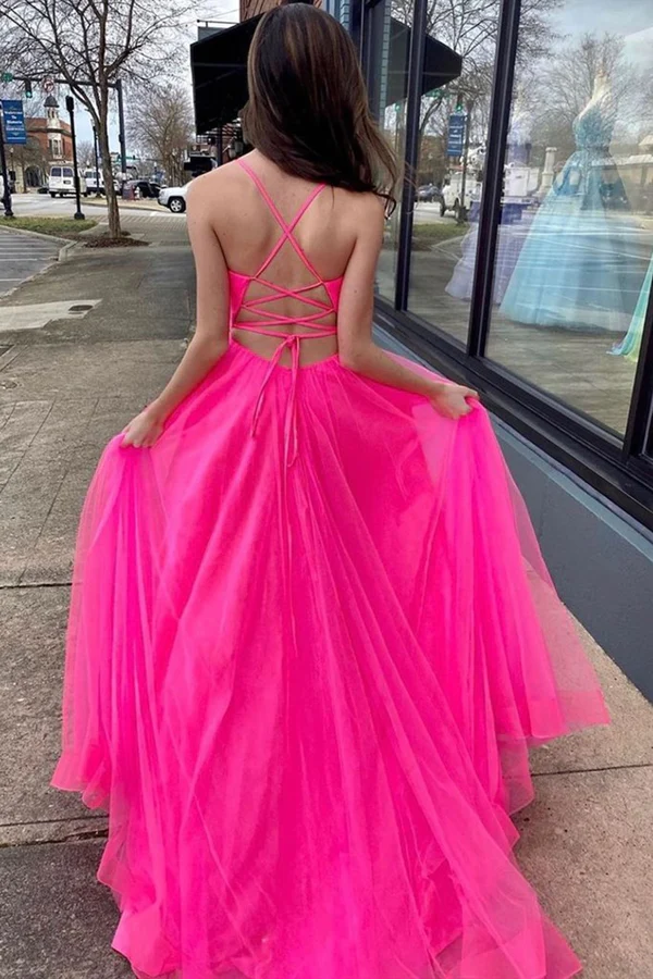 A-Linie V-Ausschnitt Hot Pink Ballkleider mit Schlitz, Lange formelle Abendkleider nv276