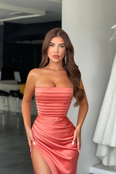 MERMAID STRAPLESS HIGH SPLIT RUFFLES FLOOR-LENGTH SLEEVELESS OPEN BACK PROM DRESS nv344