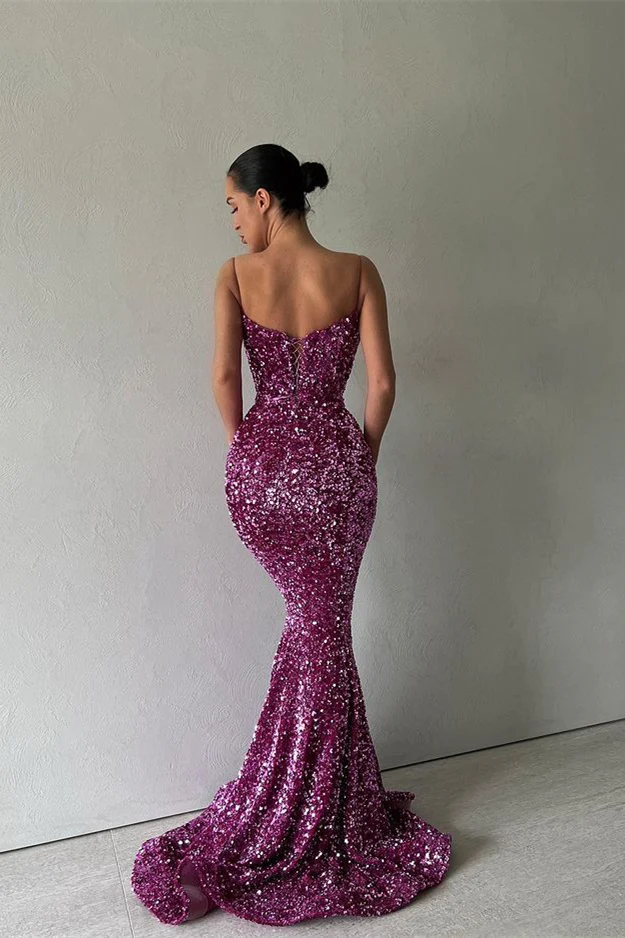 Glitzerndes lila langes Ballkleid mit Spaghettiträgern und Pailletten im Meerjungfrau-Stil, nv182