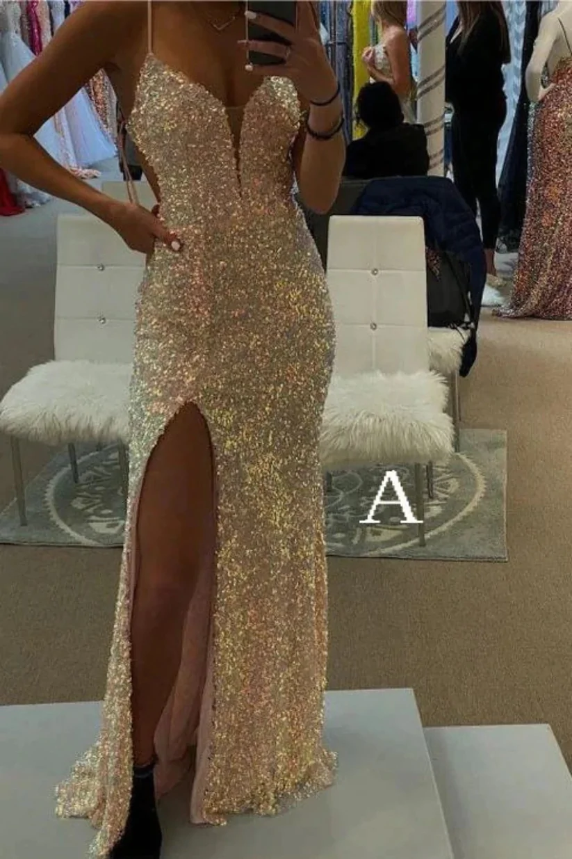 Ballkleid im Meerjungfrauen-Stil mit Spaghettiträgern, langes Abendkleid mit glitzernden Pailletten und Schlitz nv132