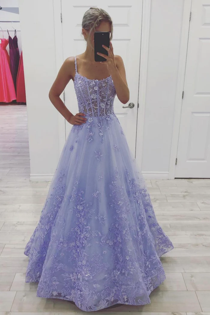 Lila Tüll Langes A-Linien Ballkleid, A-Linie Rückenfreies Abendkleid nv813