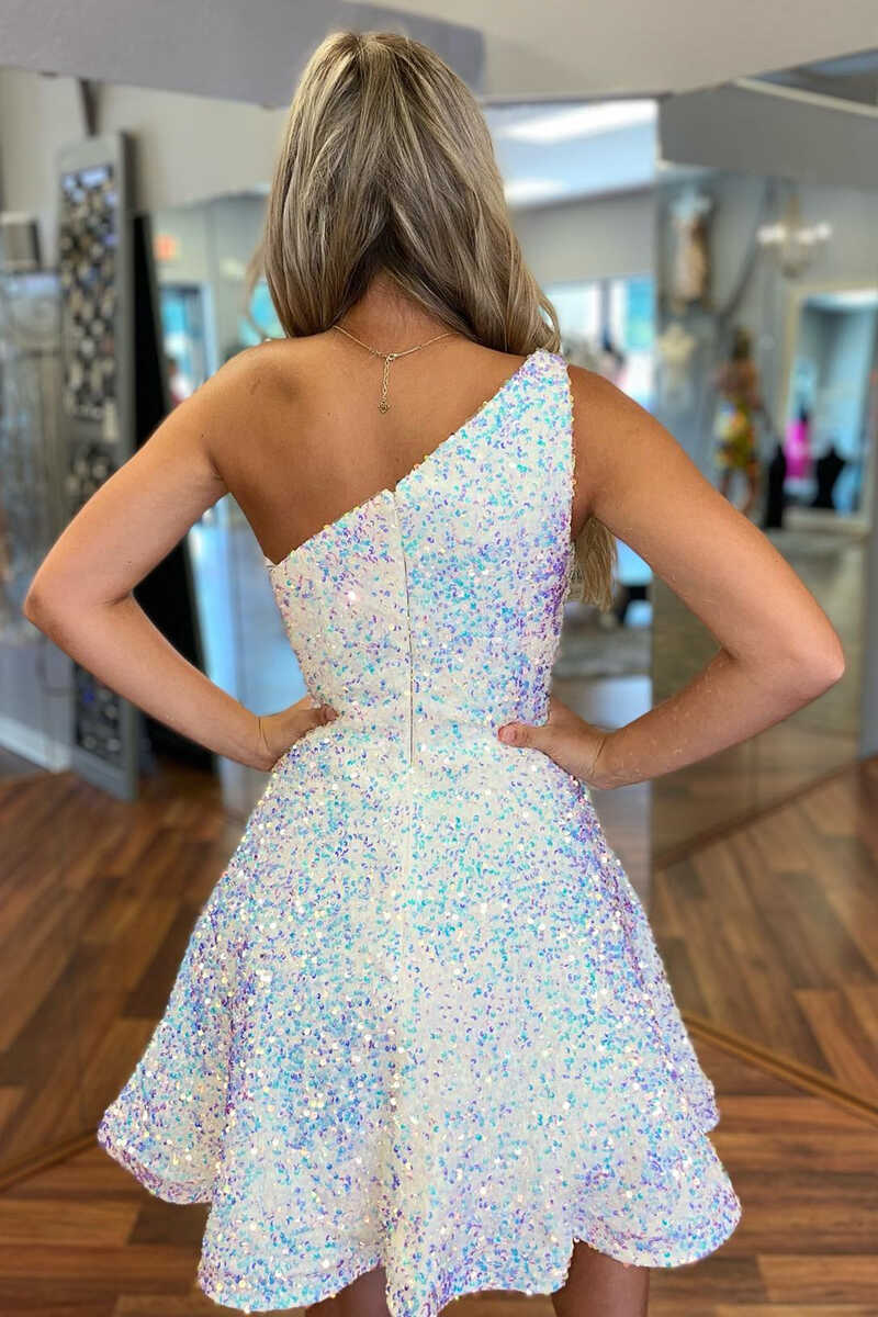 Weißes, schillerndes, einschultriges, kurzes Hoco Homecoming-Kleid in A-Linie, nv237