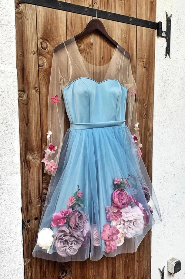 Einzigartige langärmlige blaue kurze Ballkleider mit 3D-Applikationen Homecoming-Kleider nv538
