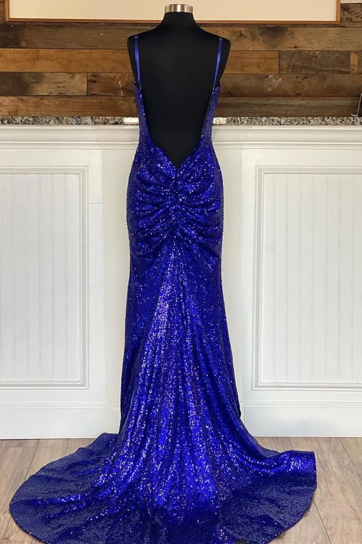 Glitzerndes königsblaues rückenfreies Meerjungfrau-Ballkleid mit Pailletten nv335