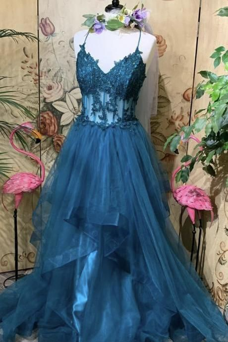 Blaues langes A-Linien-Ballkleid aus Spitze, blaues Abendkleid nv821
