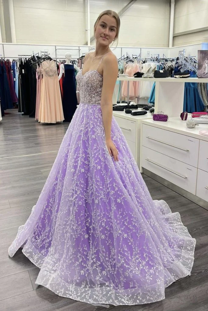 Wunderschönes lila Spitzen-Ballkleid mit Perlen, langes Ballkleid mit Herzausschnitt, nv814