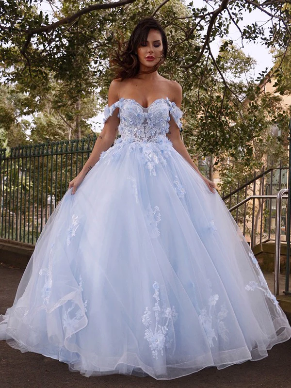 Blue Tulle Off Shoulder Applique Sweep Train Ball Gown Dress nv216