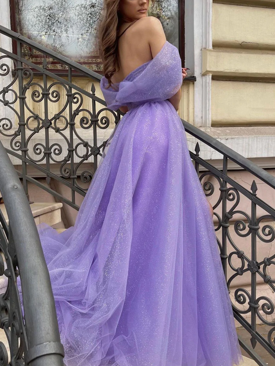Lila schulterfreies langes Ballkleid aus Tüll, A-Linien-Tüll-Abendkleid nv443