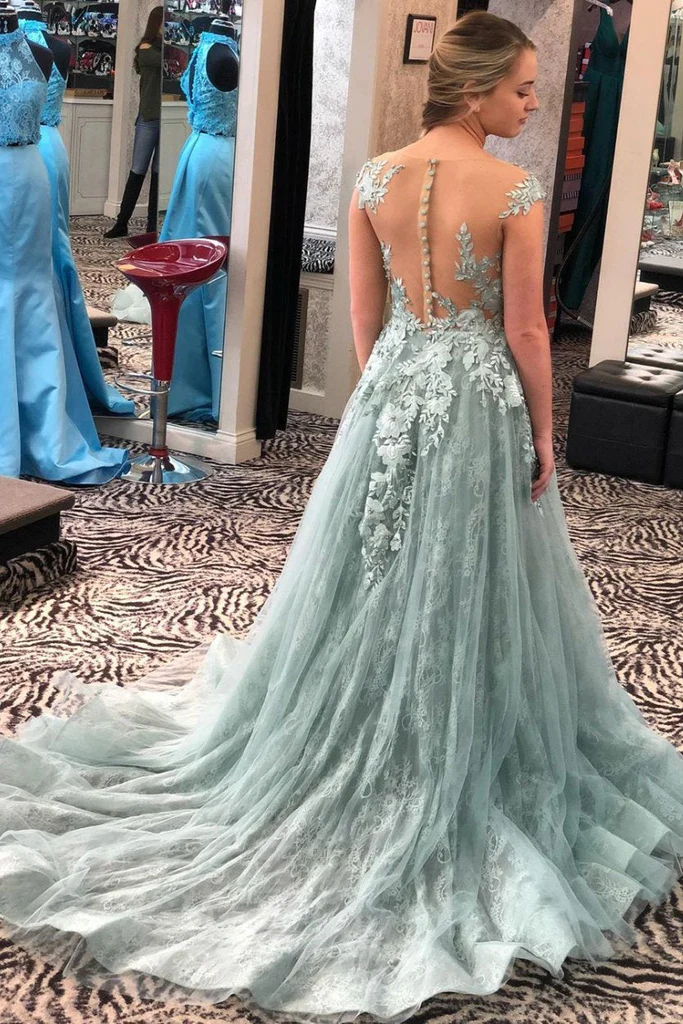 Robe de soirée formelle à encolure en dentelle et manches courtes en ligne A nv1000