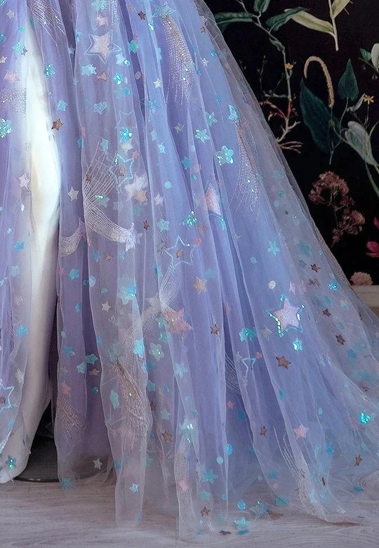Light Purple A-line Tulle Floral Off Shoulder Sweetheart Evening Prom Dresses nv449