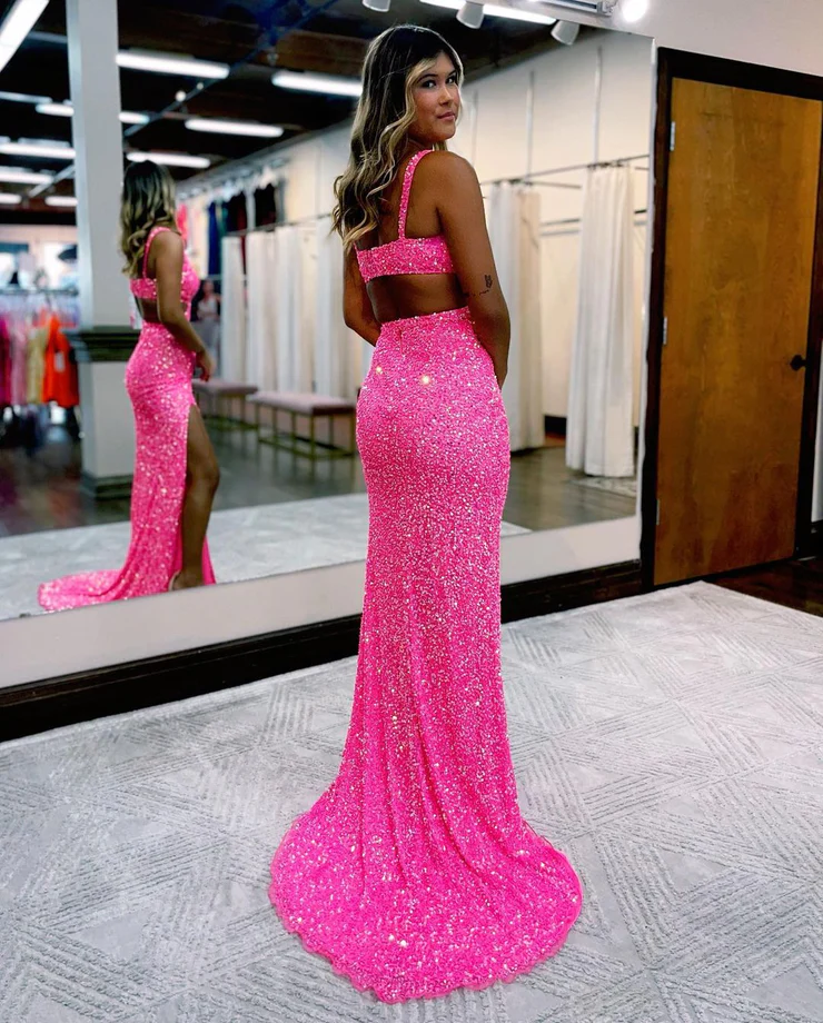 Charmantes Glitzer-Meerjungfrau-Ballkleid mit V-Ausschnitt und Schlitz in Pink, nv940
