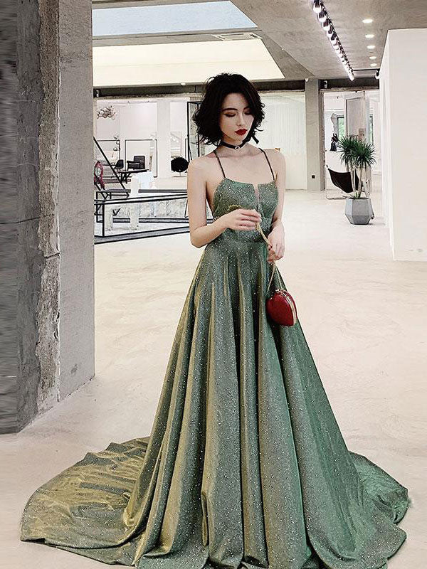 Einzigartiges rückenfreies langes Ballkleid, grünes Abendkleid nv454