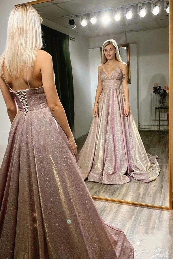 Wunderschöne A-Linie Spaghettiträger Lange Pailletten Glänzende Ballkleider Partykleider nv207