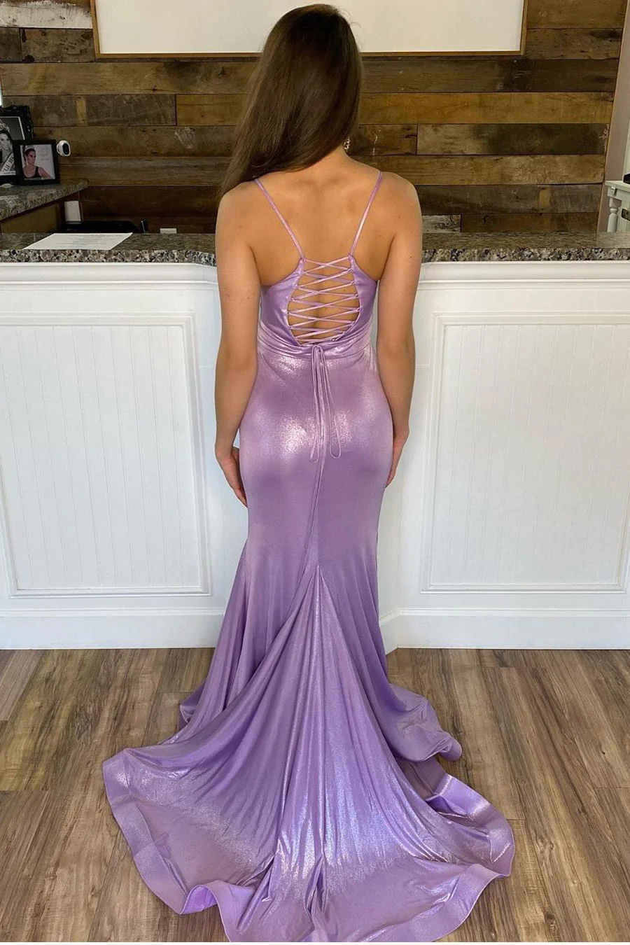Robe longue de soirée sirène à bretelles lilas simple nv577