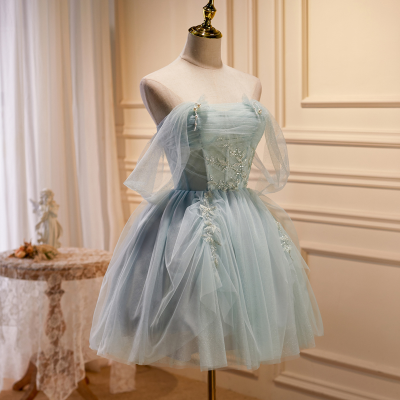 Süßes kurzes A-Linien-Ballkleid aus Tüll mit Perlenbesatz nv557