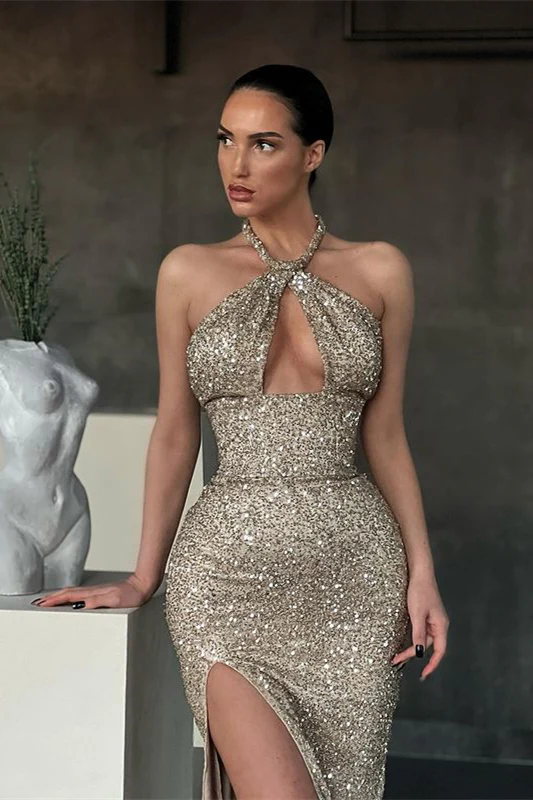 Neckholder-Pailletten-Meerjungfrau-Ballkleid ärmellos mit Schlitz nv177