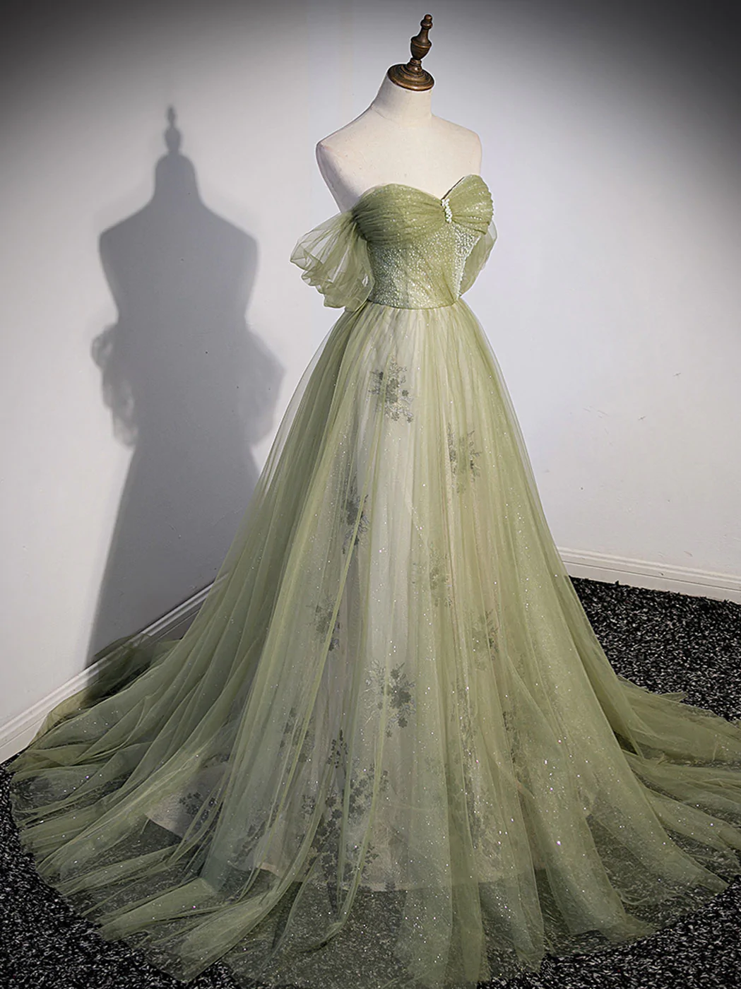A-Linien-Ballkleid aus grünem Tüll, langes Ballkleid, grünes Abendkleid mit Perlenbesatz, nv549