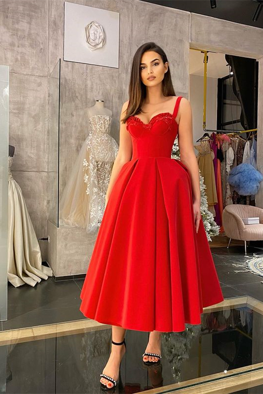 Rotes Ballkleid in Wadenlänge mit Herzausschnitt und Paillettenträgern nv570
