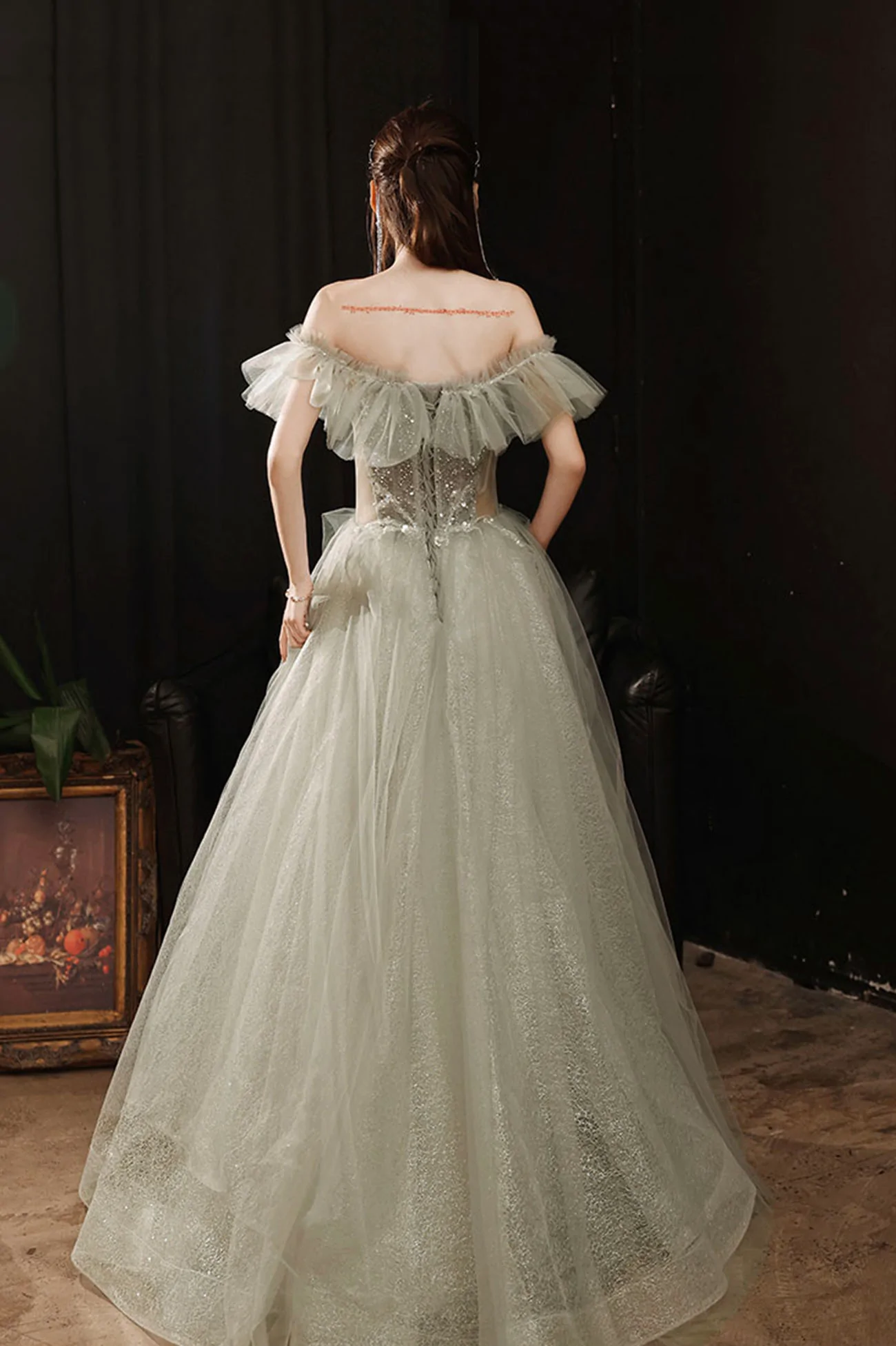 Grünes, langes Ballkleid aus Tüll mit Perlen, A-Linie, formelles Abendkleid nv452