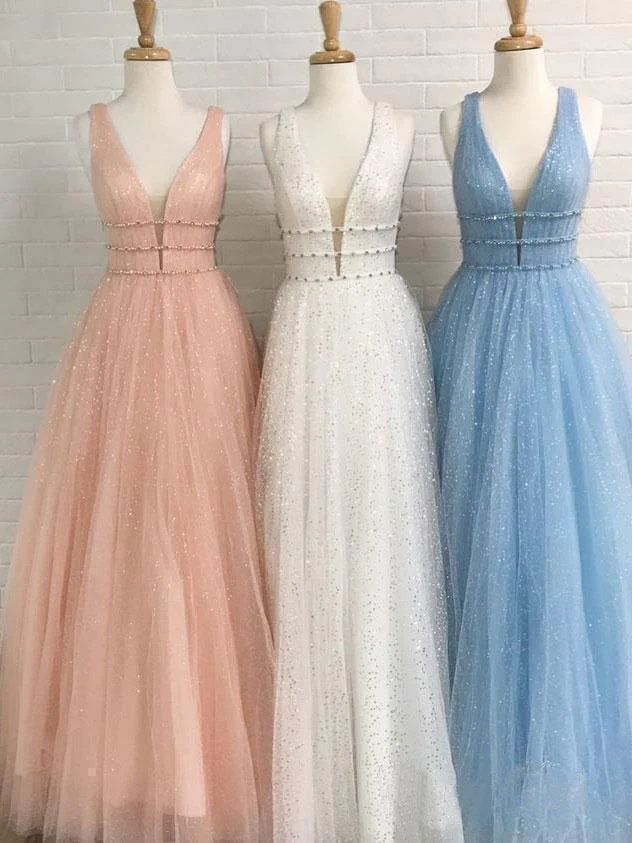 A-Linie, tiefer V-Ausschnitt, Ballkleid, Ballkleid, offener Rücken, weiße Abendkleider, nv209