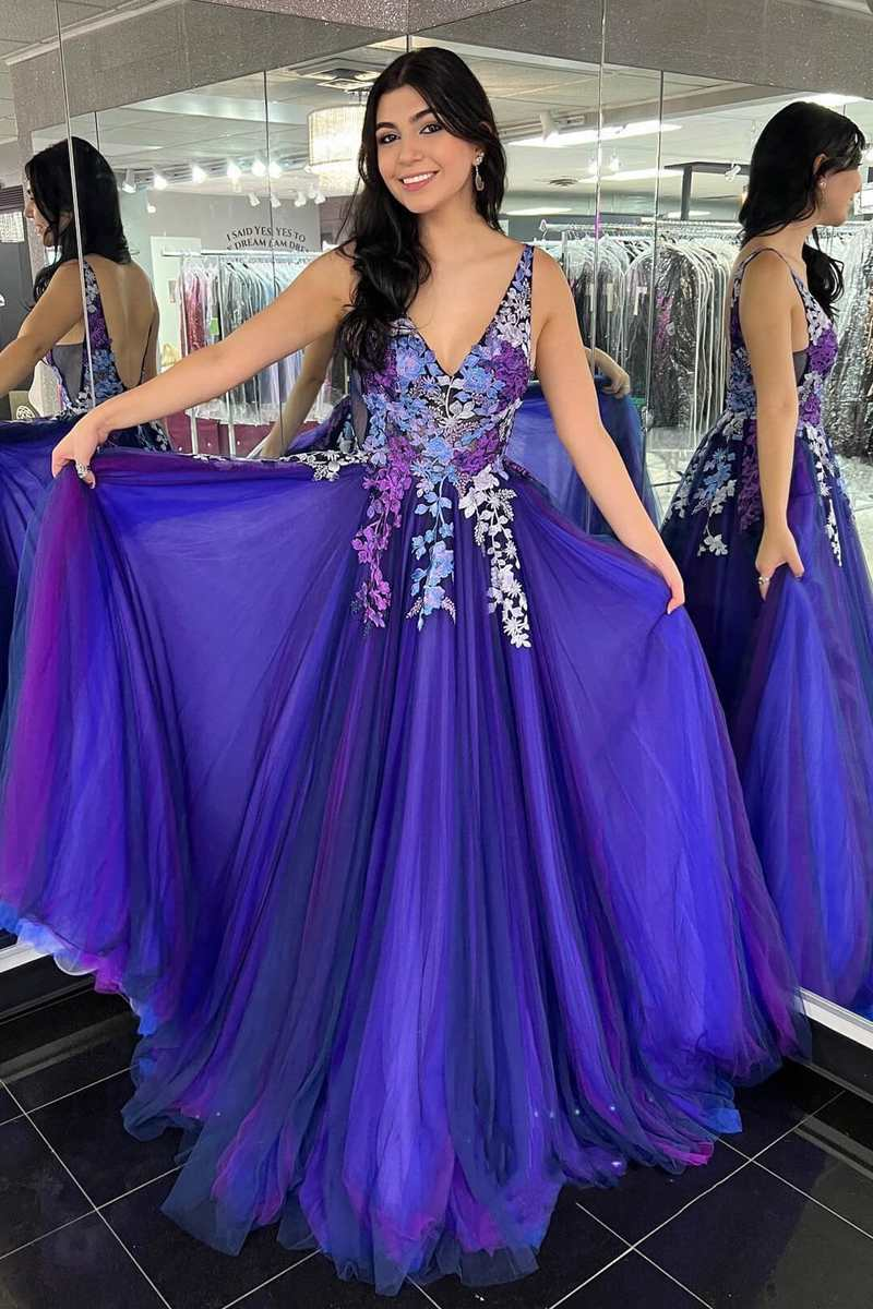 Robe de bal longue dos nu en dentelle florale violette ombrée nv564
