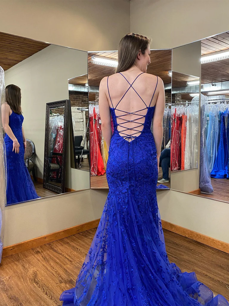 Robe de soirée longue en dentelle bleue dos nu sirène, robe de soirée sirène bleue, robe de soirée en dentelle bleue nv1042