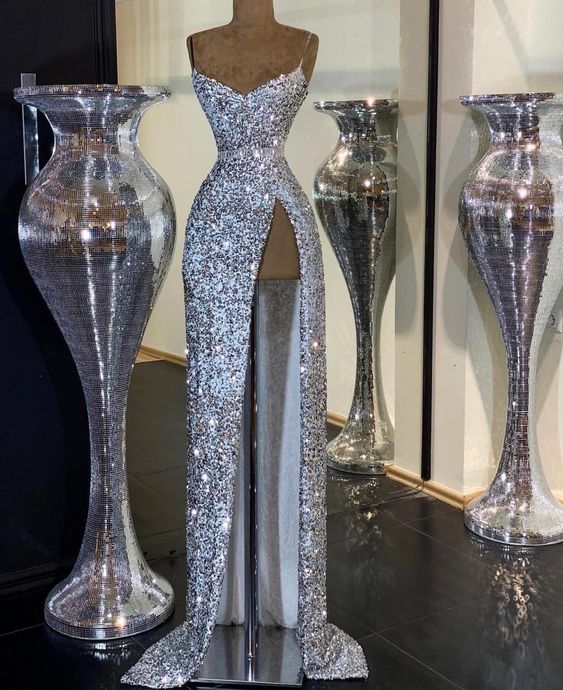 Wunderschönes Meerjungfrau-Abendkleid mit Spaghettiträgern und glitzernden Pailletten, lang, mit Schlitz, nv38