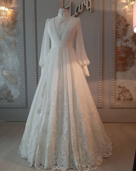 Elegantes maßgeschneidertes Ballkleid mit langen Ärmeln Hochzeitskleid nv66