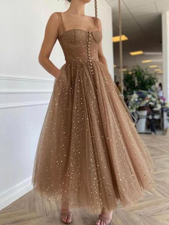 Wunderschönes A-Linien-Abendkleid mit herzförmigem Ausschnitt und braunem Tüll in Knöchellänge mit Taschen nv36