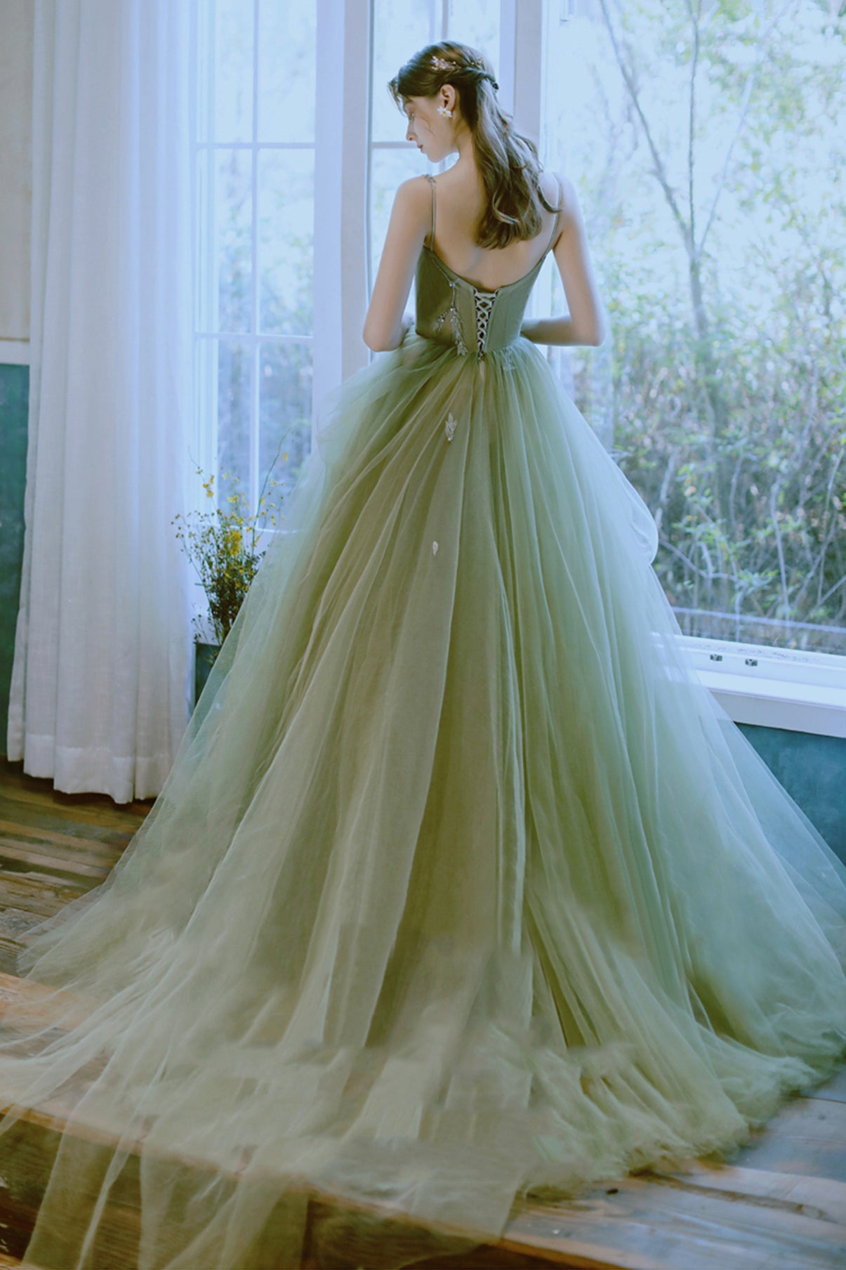 Robe de bal longue en tulle vert, robe de soirée verte nv77