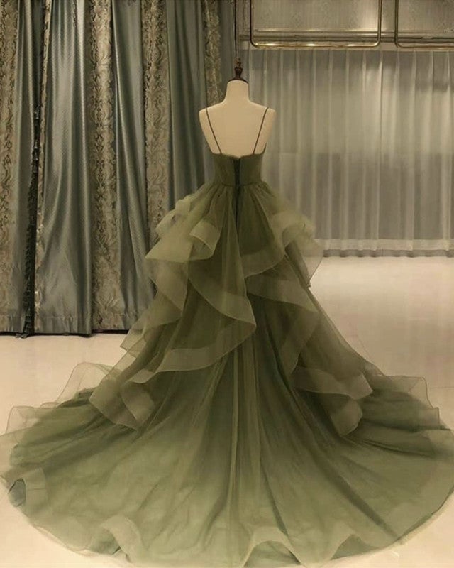 Green/Purple/Blue Fashion Elegant Spaghetti Strap Long Organza Ruffles Ball Gown Evening Gown Graduation Gown Adult Ceremony Gown nv26