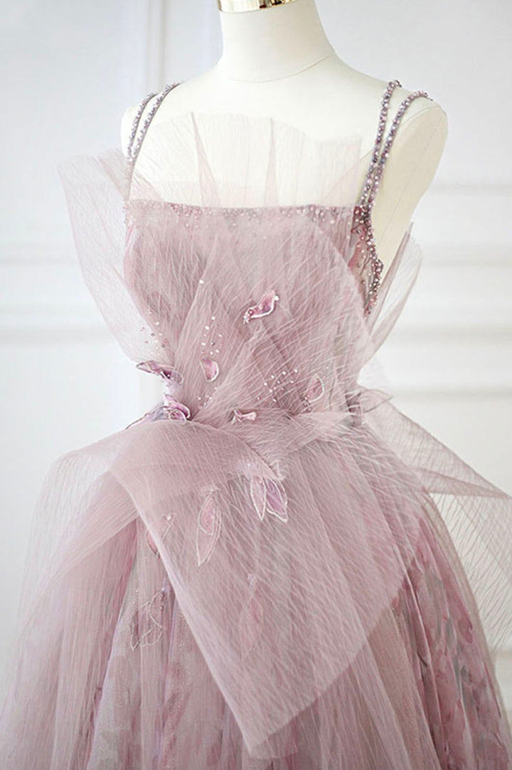 Robe de soirée longue en tulle rose avec perles nv99