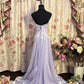 Lila Vintage Exquisite Perlenbesatz Elegantes Off-the-Shoulder Langes Tüll Ballkleid Abendkleid Partykleid nv4159