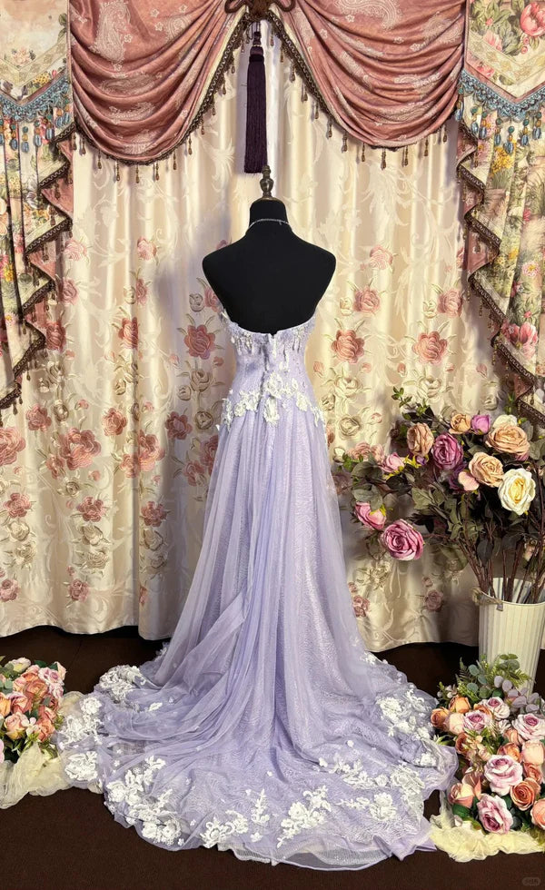 Lila Vintage Exquisite Perlenbesatz Elegantes Off-the-Shoulder Langes Tüll Ballkleid Abendkleid Partykleid nv4159
