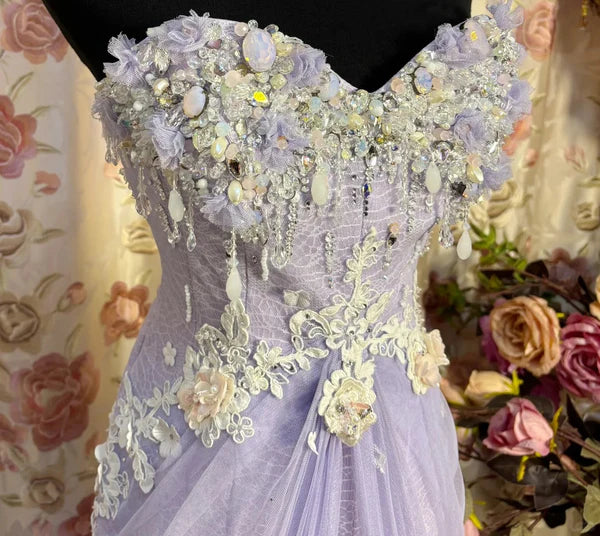 Lila Vintage Exquisite Perlenbesatz Elegantes Off-the-Shoulder Langes Tüll Ballkleid Abendkleid Partykleid nv4159