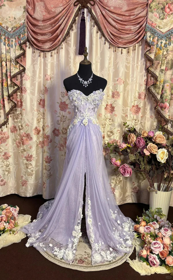 Lila Vintage Exquisite Perlenbesatz Elegantes Off-the-Shoulder Langes Tüll Ballkleid Abendkleid Partykleid nv4159