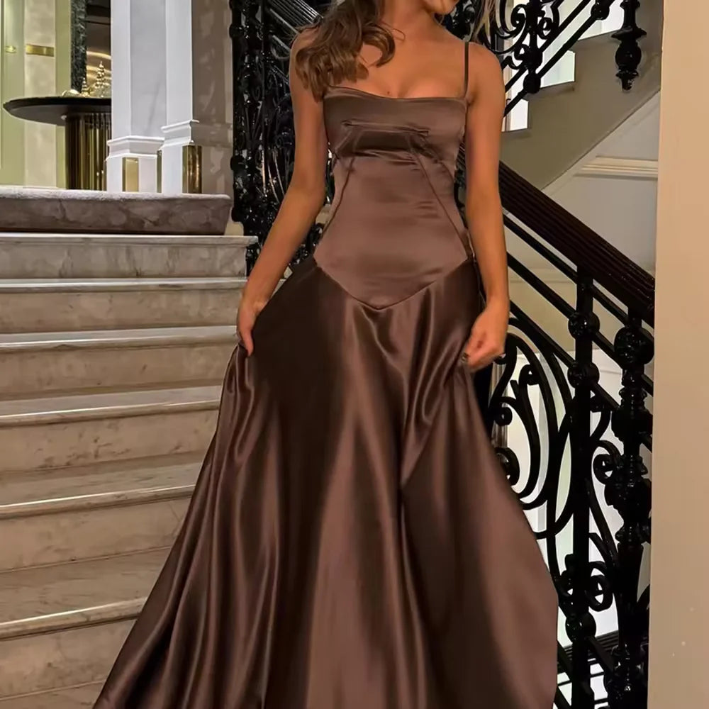 Schlichtes braunes A-Linien-Ballkleid mit Spaghettiträgern, Partykleid nv1713