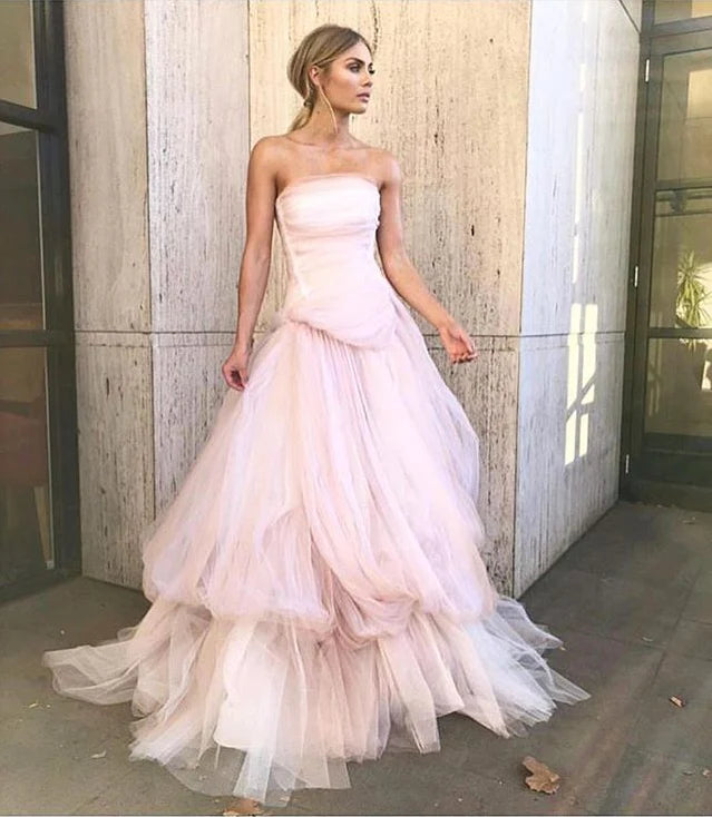 Light pink tulle elegant long ball gown evening dress bridal shower guest dress nv268