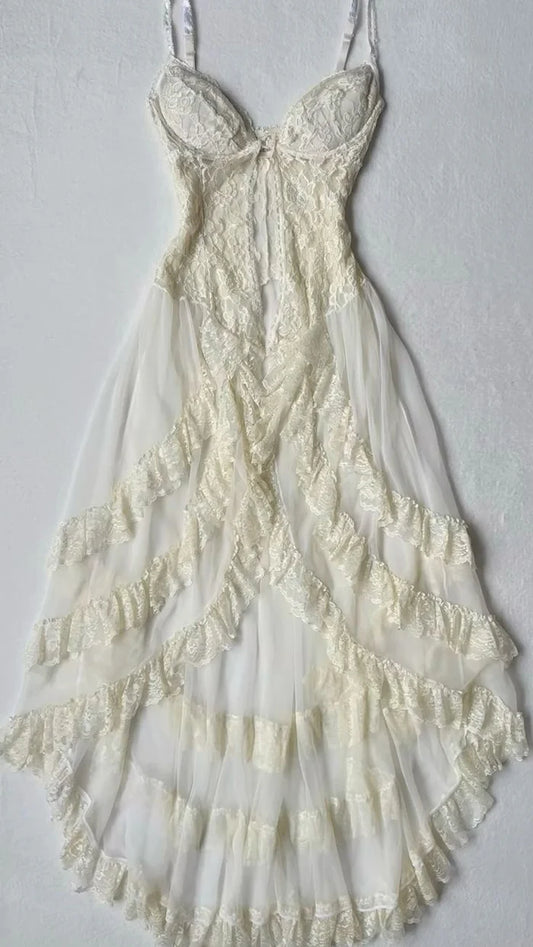 Robe de soirée longue à bretelles spaghetti et dentelle en tulle nv5356