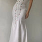 Weißes schulterfreies Maxikleid mit zarten Blumenmustern, elegantes Meerjungfrauen-Abendkleid nv5335