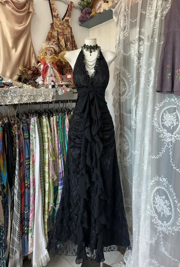 Schwarzes Vintage-Mode-Spitzen-Hosenträger-V-Ausschnitt-langes Ballkleid-Abendkleid-Partykleid nv3623