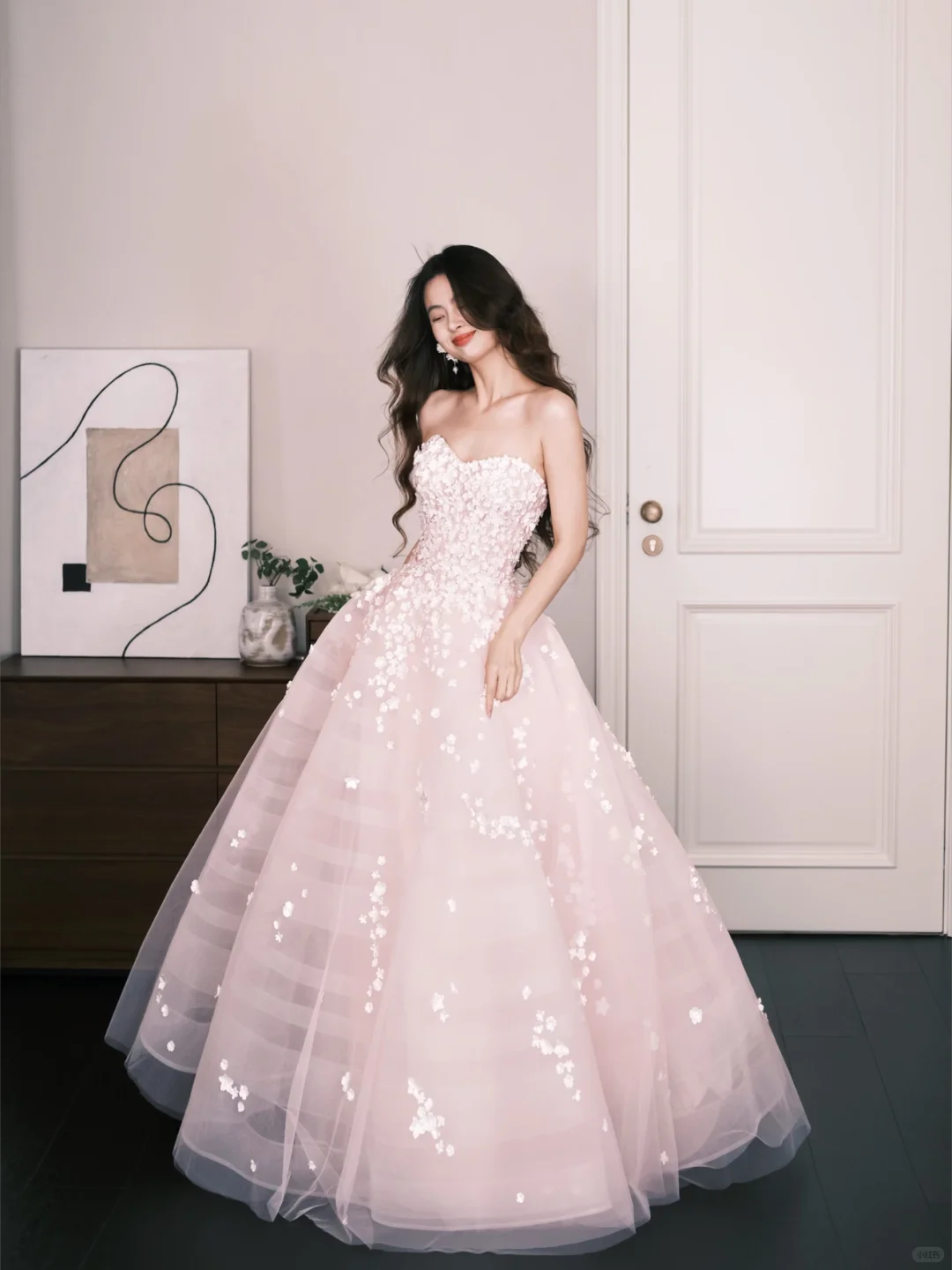 Sweetheart Strapless Pink Tulle Ball Gown, 3D Flower Beaded Princess Prom Dress  NV7305