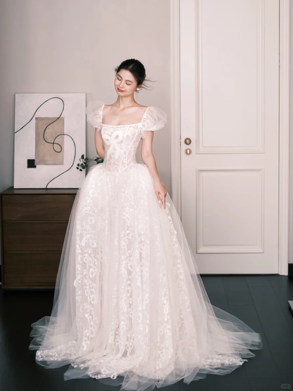 Puff Sleeve Lace Ballgown Wedding Dress Square Neck Bridal Gown  NV7267
