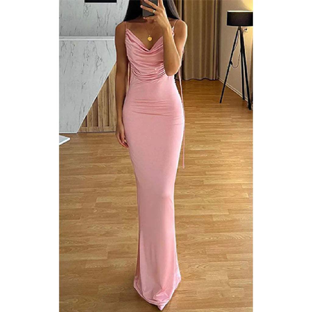 Rosa Elegantes Spaghettiträger V-Ausschnitt Meerjungfrau Satin Perlen Lange Brautjungfernkleider Abendkleid Ballkleid nv1977