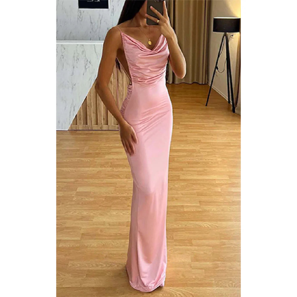 Rosa Elegantes Spaghettiträger V-Ausschnitt Meerjungfrau Satin Perlen Lange Brautjungfernkleider Abendkleid Ballkleid nv1977