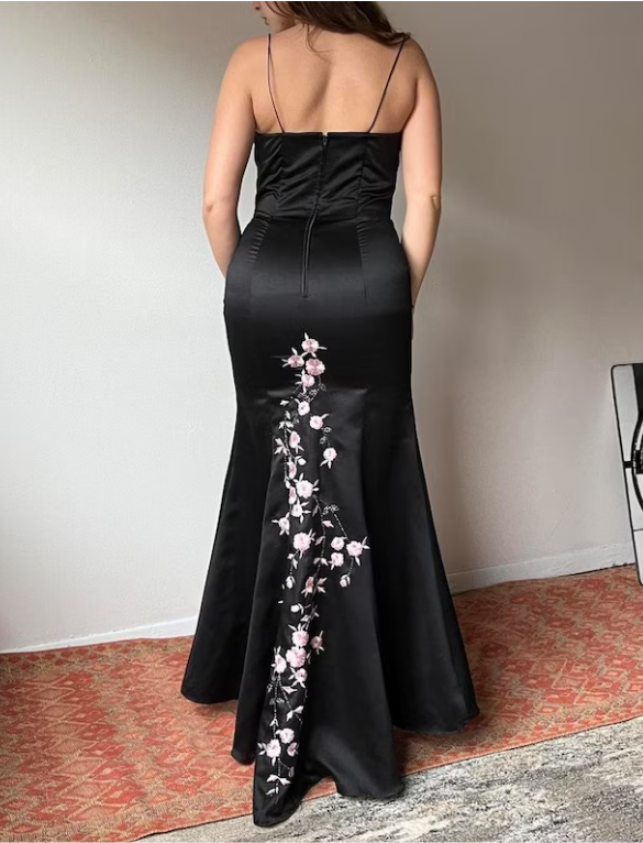 Black Stunning Vintage Satin Pink floral beads Long Prom Dress Gorgeous Evening Off-the-shoulder Dress Party Dress nv2749