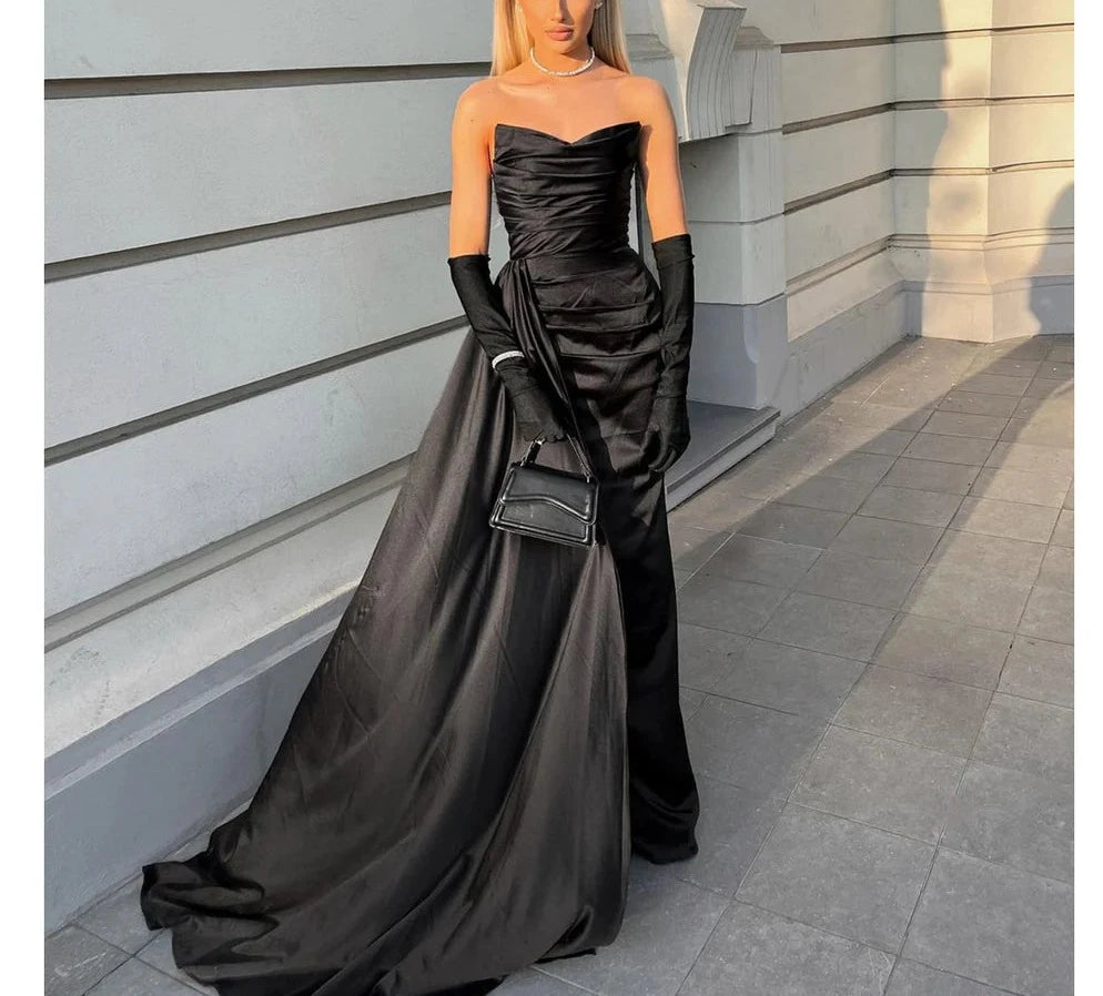 Black Elegant V Neck Mermaid Side Slit Satin Long Evening Gown Ball Gown nv1978