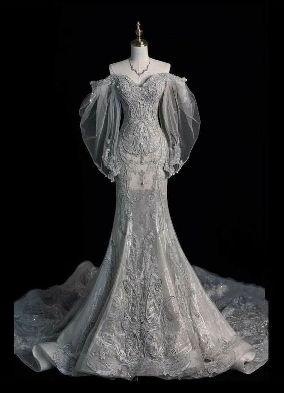 White solid color gorgeous fashionable elegant floral appliqué delicate lace A-line long tulle floor-length tail evening gown prom dress wedding dress nv3835